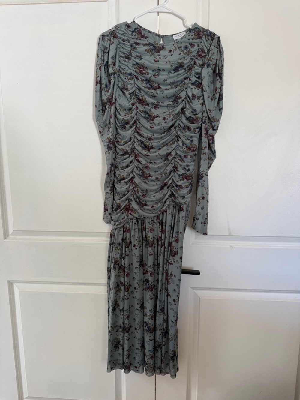 Current Air Sage Green Floral Ruched Long-Sleeve Midi Dress